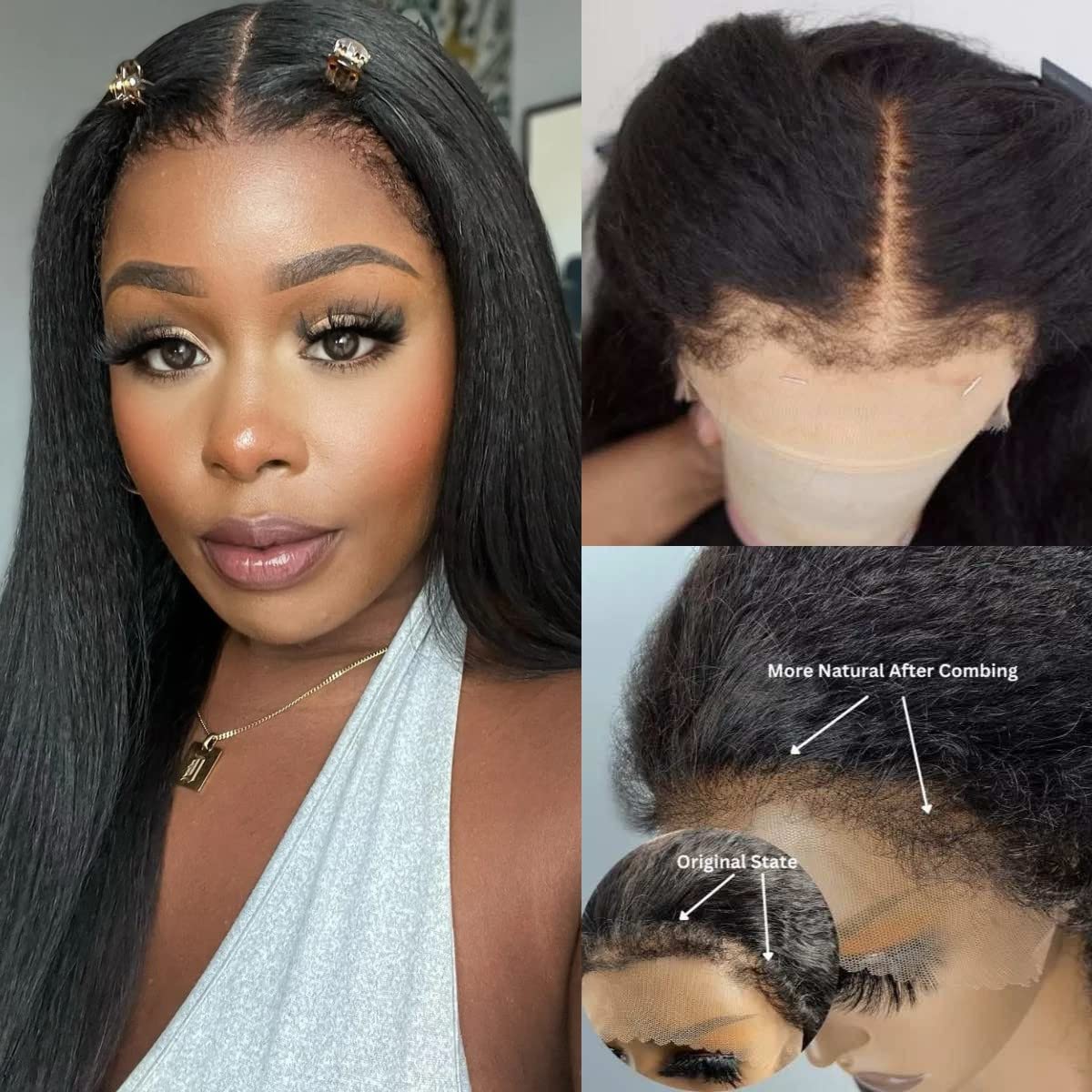 180% Density Kinky Curly Edges Hairline 13X4 Lace Front Wigs HD Transparent Lace Frontal Wigs Human Hair with Curly Baby Hair Kinky Straight Frontal Wig Pre Plucked 16 Inch, Natural Black Kinky Straight
