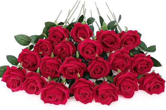 20 Pcs Red Artificial Flowers Fake Artificial Roses Silk Flower with Stem