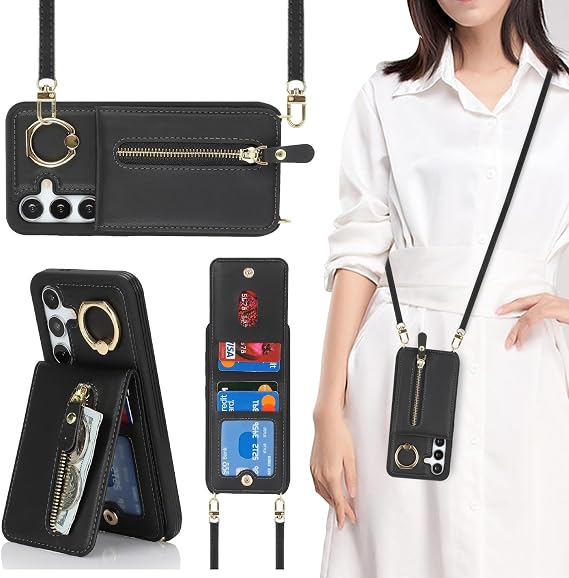 Compatible with Samsung Galaxy S24 Case Wallet with Card Holder for Women,Ring Holder,PU Leather Magnetic Snap Zipper Phone Case with Crossbody Strap for Galaxy S24 6.2",Black