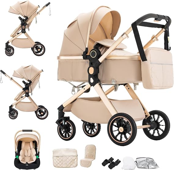 BEBBY Baby Stroller 3-in-1 Seat with Foldable Aluminium Frame, Compact Stroller with Adjustable Armrests, Combined High Landscape Travel Pushchair (U9-X-Beige, U9-X bidirectional Adjustable)
