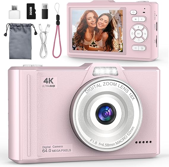 Digital Camera 4K 64MP Portable Vlogging Camera with 32GB SD Card