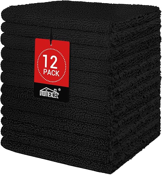 HOMEXCEL Black Washcloths 12 Pack, Highly Absorbent and Soft Microfiber Face Towel, Makeup Remover Towels, Multi-Purpose Wash Cloths for Bathroom, Hotel, Spa, Gym, and Kitchen, 12x12 Inch