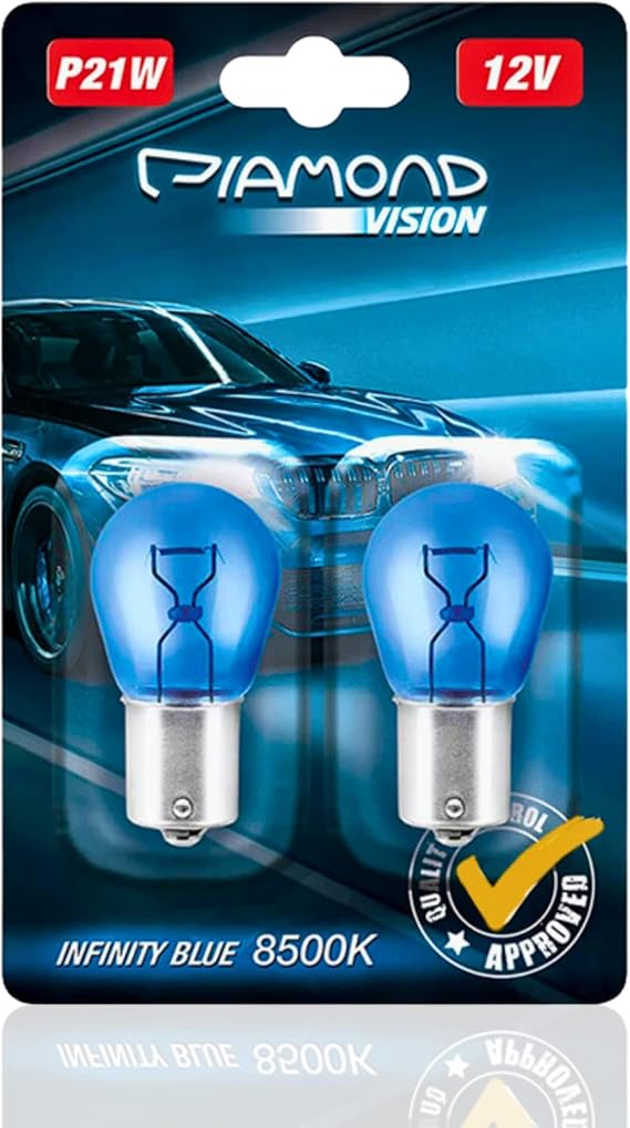 Diamond Vision 2x P21W | Xenon Look | Halogen Car Lights | 8500K Super Ultra White | Extremely Long-lasting | 2-piece Set | E-Mark | BA15S