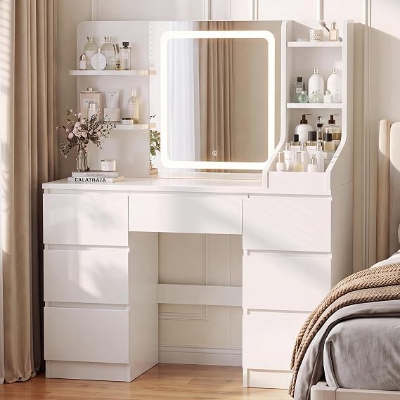 JUMMICO Dressing Table with LED Mirror,Adjustable Brightness (White)