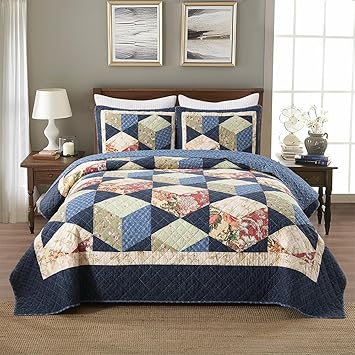 Cotton Bedspread Quilt Bedding Sets Real Patchwork Blue Reversible Coverlet Sets Bedding Sets, Luxury Floral Cubical Pattern, King Size