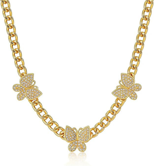 Butterfly Necklaces for Women Chunky Gold Necklace Rhinestone Butterfly Pearl Cuban Link Chain Necklace Bridal Wedding Party Prom Jewelry