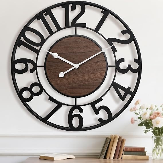 Pytha Sight Wall Clock 33.5cm Black Metal Walnut Dial, Silent Modern Design | Vintage Skeleton Wall Clock with Arabic Numerals, Non Ticking Design Clock for Living Room, Kitchen, Bedroom and Office