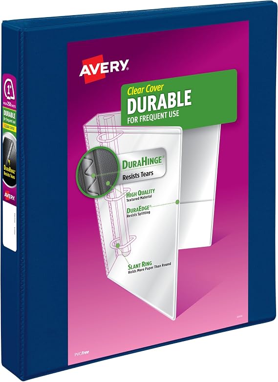 Avery Durable View 3 Ring Binder, 1 Inch Slant Rings, 250-Sheet Capacity, DuraHinge, 1.4 Inch Wide Spine, Customizable Clear Covers and Spine, 1 Dark Blue Binder (17014)