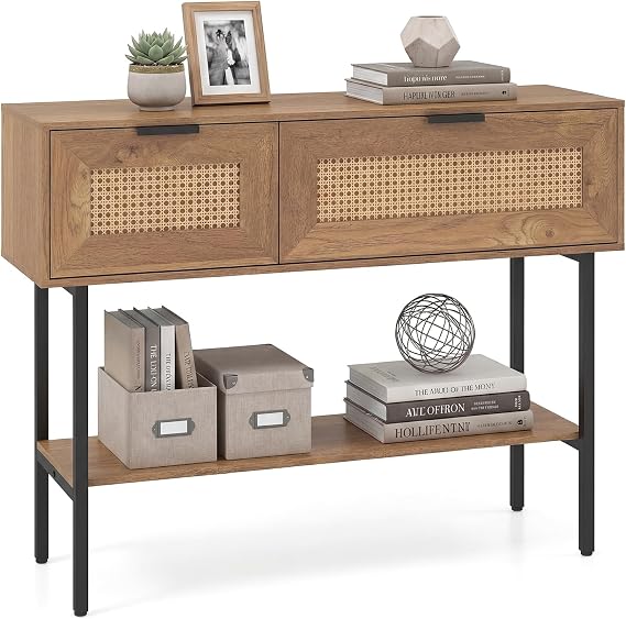 COSTWAY Rattan Console Table, Boho Slim Entryway Table with Flip Doors, Storage Compartments & Open Shelf, 100cm Metal Frame Narrow Behind Couch Sofa Tables for Hallway, Foyer, Living Room (Natural)