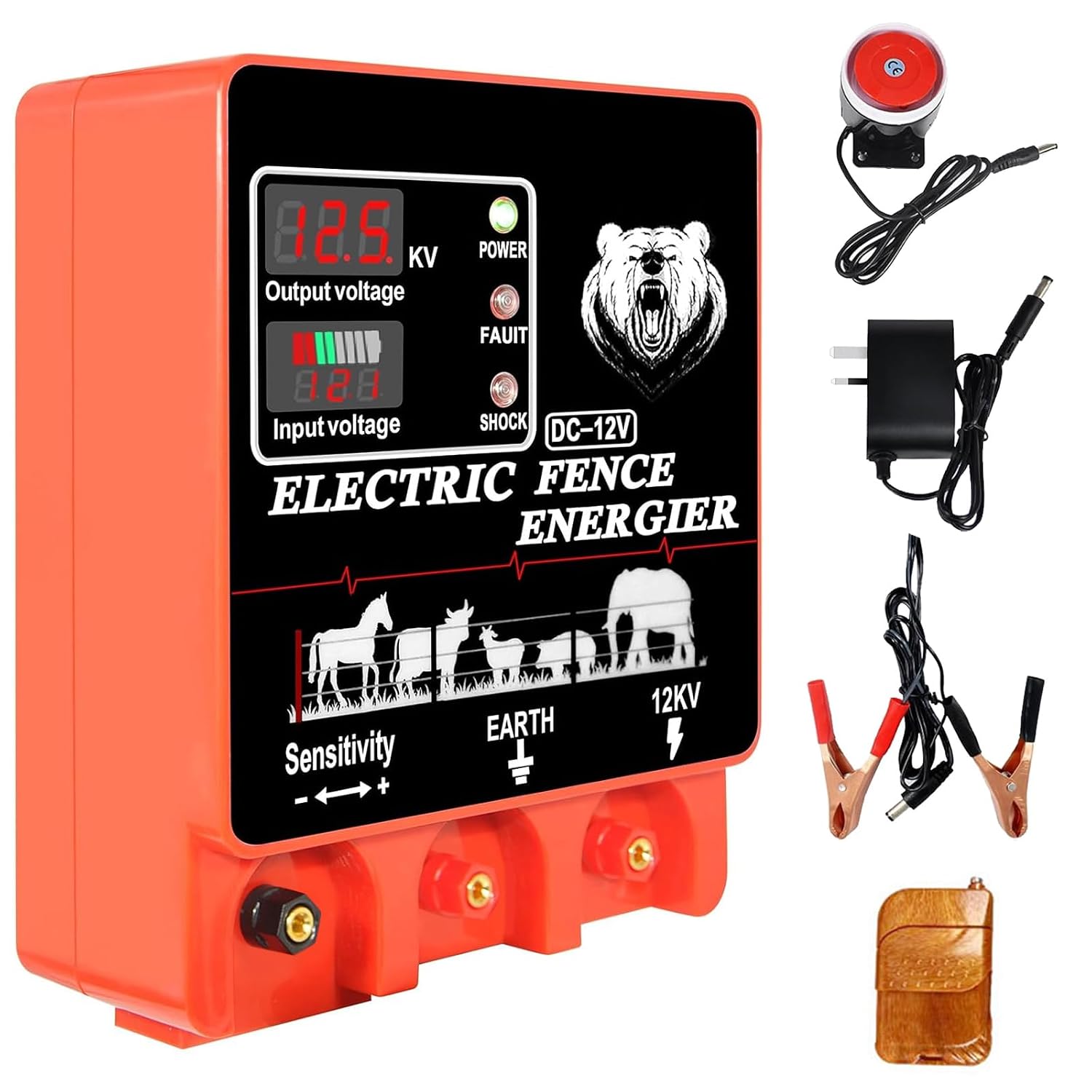 Electric Fence Energiser,30KM 8 Joules,Input 12V Output 12KV, Electric Fence Charger High Voltage Pulse Controller for Livestock Cattle Cow,Deter Predators 30KM with Alarm