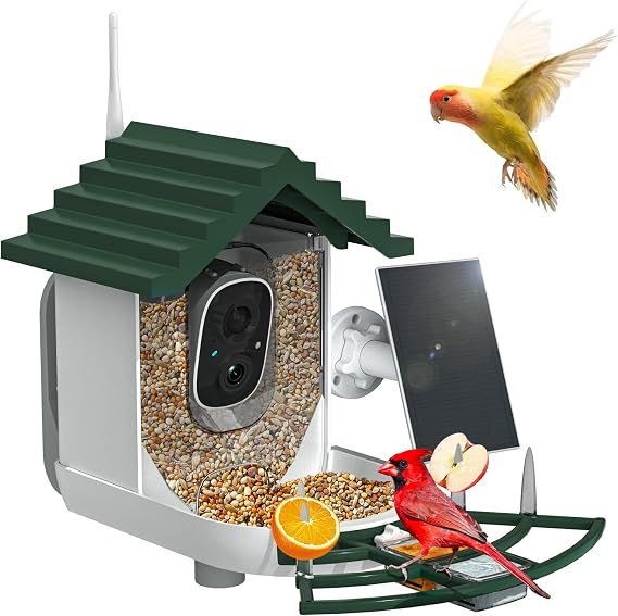 Smart Bird Feeder with Camera Solar Powered & AI Bird Identification, 2.4GHz WiFi Camera Bird Feeder, 2K HD Live Video Bird Feeder Camera, Nstant Arrival Warnings - Green