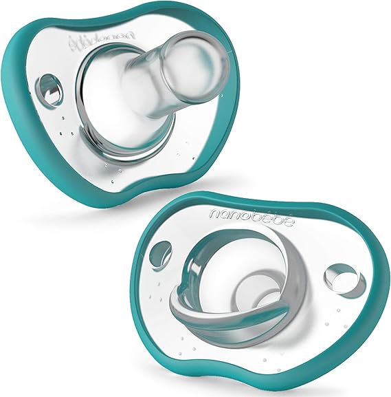 Nanobebe Baby Soothers 3+ Month - Orthodontic, Curves Comfortably with Face Contour, Award Winning for Breastfeeding Babies, 100% Silicone - BPA Free. Perfect Baby Gift 2pk, Teal