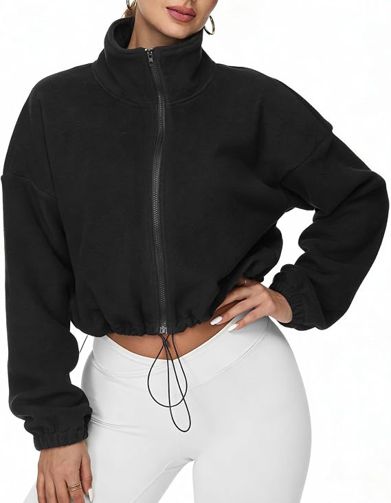 Cuffbow Women Full Zip Fleece Jacket Cropped Sherpa Fuzzy Coat