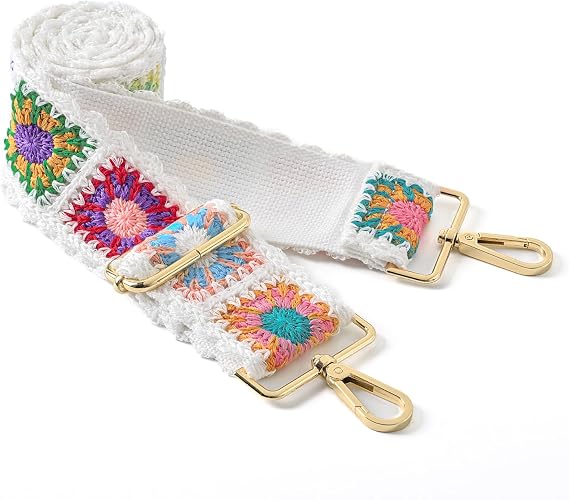 Crochet Flower Purse Strap, Knit Replacement Crossbody Wide Adjustable Shoulder Strap for Bag Handbag- Boho Style(White 01)