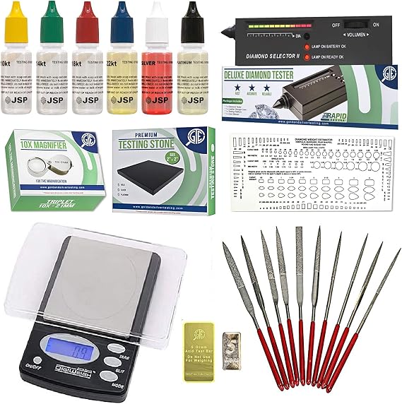 Gold Silver Platinum Diamond Jewelry Tester Appraisal Kit 10K 14K 18K 22K 24K Electronic Scale Test 30X Eye Loupe Magnifier Precious Metals 999 925 Scrap