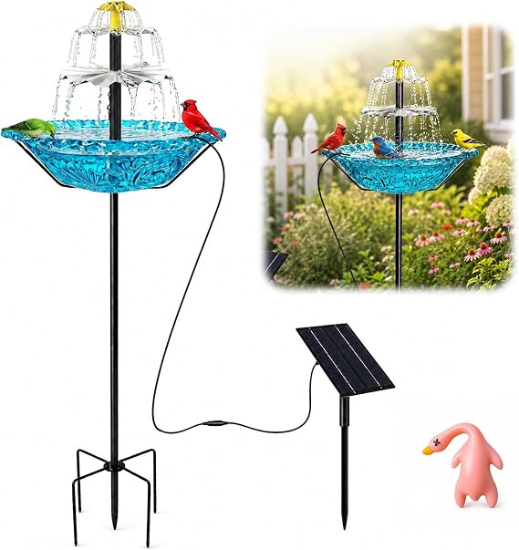Solar Fountain for Bird Bath Outside, Power Panel and Pump with Metal Stakes for Garden Yard Decor (Blue)
