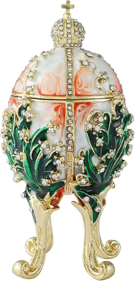QIFU Hand Painted Orange White Faberge Egg Style Enamel Trinket Box Hinged, Unique Gift for Family