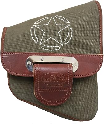 SSBBRC50STAR-7 La Rosa Design Canvas And Leather Saddlebag-QUICK RELEASE STYLE- RIGHT SIDE ARMY GREEN CANVAS WITH BROWN LEATHER ACCENTS AND WHITE STITCHED STAR- Compatible With Harley Davidson SOFTAIL BLACKLINE