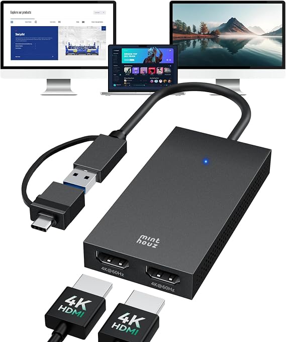 Minthouz 4K HDMI Splitter for Dual Monitors, DisplayLink Certified | USB 3.1 to Dual HDMI Adapter for Windows 10/11 & MacBook M1/M2/M3/M4, Support for Dell/HP/Lenovo/Surface Laptops