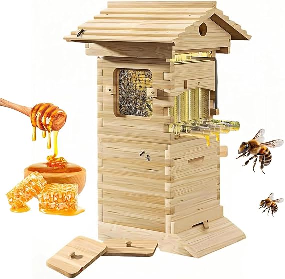 Beehive Starter Kit, Complete Bee Box for Beekeeping with Observation Window and Honey Spout, Includes Carpenter Bee House for Garden Pollinators
