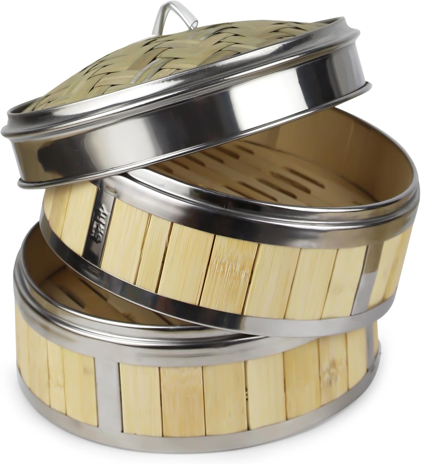 Bamboo Steamer 8 Inch, 2 Tier Bamboo Food Steamer Basket with Lid, 20cm Metal Rings Dumpling Steamers for Bao Buns, Dim Sum, Meat, Fish