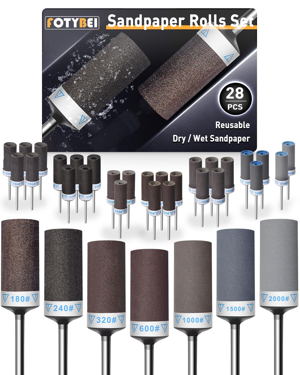 FOTYBEI 28Pcs Sanding Drums Sandpaper Sticks Set for Dremel Rotary Tool Accessories, 180/240/320/600/1000/1500/2000 Grits Sanding Bits Kit with 1/8" Shank for Wood Metal Jade Polishing Grinding