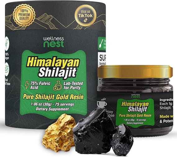 Wellness Nest Gold Grade Pure Himalayan Shilajit Resin: Ultimate Potency for Men & Women - 24k Gold, 75%+ Fulvic Acid, Lab Test Report Included - 30g (1 Pack), 75 Servings