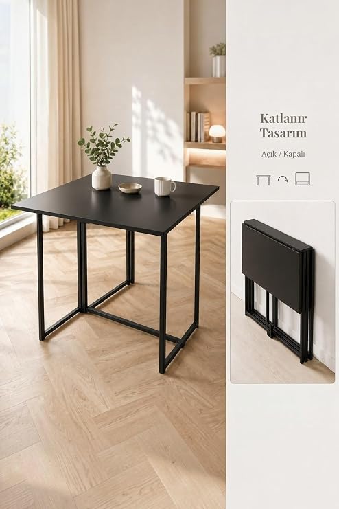 Workcomo Katlanır Çalışma Masası Yemek Masası Mutfak Masası Balkon Masası Açılır Kapanır Portatif Çok Amaçlı Masa, Siyah - Siyah