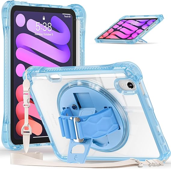 Tablet Cover Case for iPad mini 7 (A17 Pro) 2024/ Mini6 2021, for 7th/6th Generation 8.3-inch with Pencil Holder, Shockproof Protective Stand, Hand/Shoulder Strap(Light Blue)