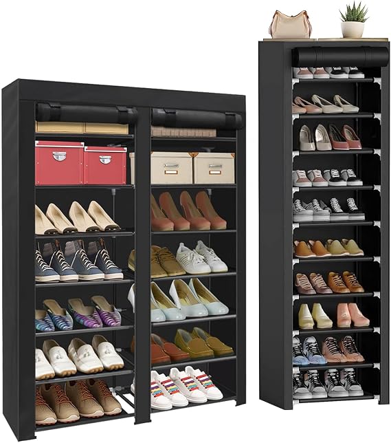 ERONE Shoe Rack Storage Organize 7+10 Tier, 48 Pairs Portable Double Row with Nonwoven Fabric Cover Shoe Shelf Cabinet for Closet