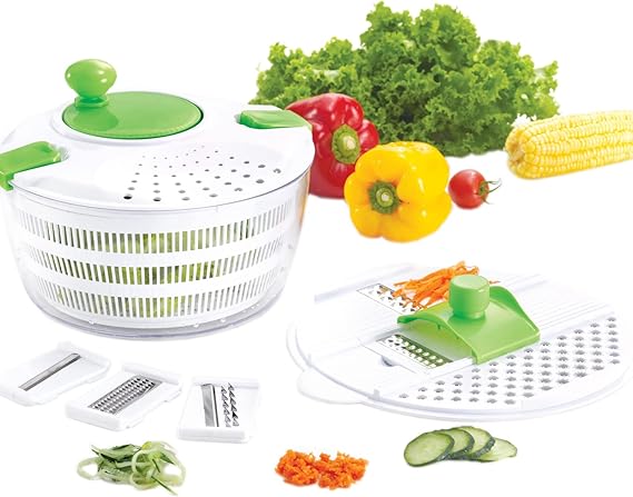 Huji Multifunctional Large Salad Spinner (4 Quarts) and Mandoline Set 5 Blade Slicer, Drainer, Tosser, Vegetable Dryer with a Pouring Spout