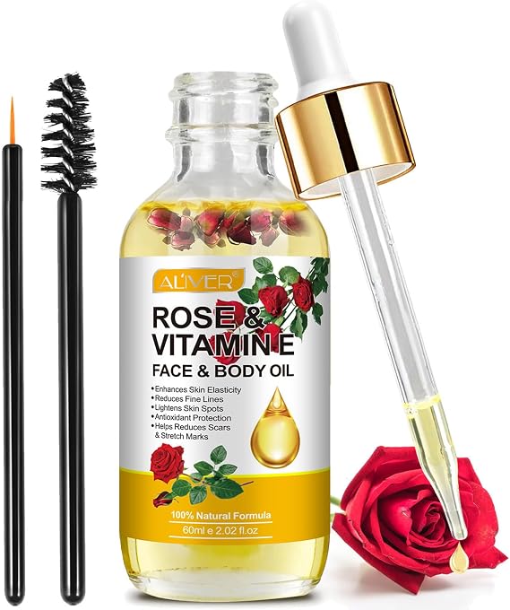 Rose and Vitamin E Oil for Face With Rose Petal Flower - Natural Anti-aging, Scars and Stretch Mark Treatment, Gua Sha Face and Body Massage for Dry Skin, Scalp and Nail - 60ml