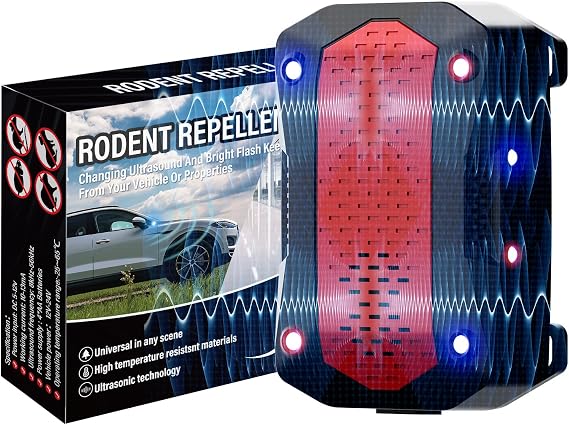 Ultrasonic Rodent Repellent, Plug-in Mouse Rat Pest Bat Squirrels Skunks Repellent for Car with Battery Powered Under Hood, Keep Mice Out of Cars Engines, Indoor, Outdoor, Garage, Room