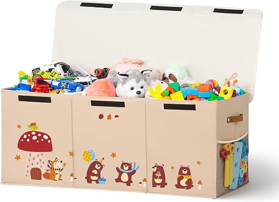 Large Toy Box,Storage Box with Lid-39.5"x13"x16"(Dark Khaki-bear)