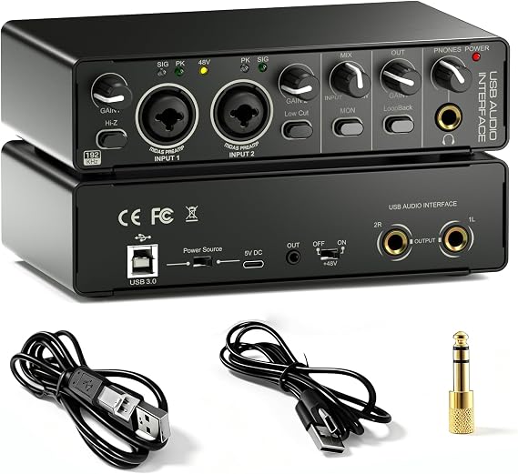 2X2 USB Audio Interface for PC Mac Laptop, 24Bit 192kHz for Computer Recording, Guitar, Streaming, Podcasting, with 48V Phantom Power, XLR TSR TS Ports