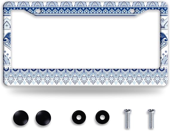 Blue White Mandala License Plate Frame Boho Printed License Plate Holder