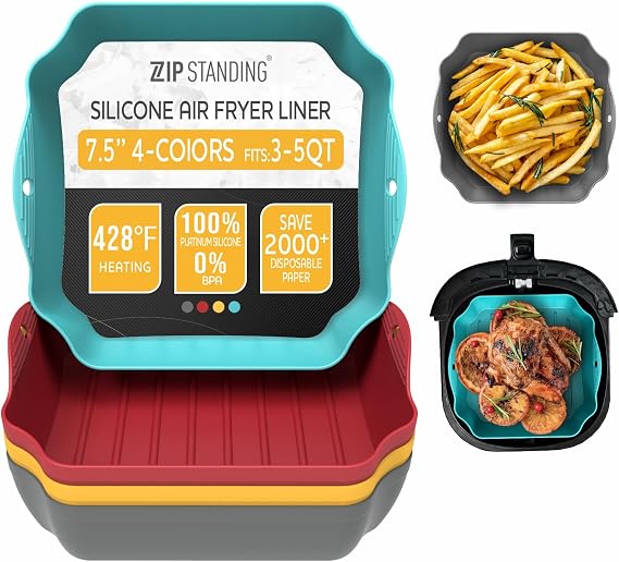 Reusable Silicone Air Fryer Liners Set, 7.5" Square Liners for 4-7QT Air Fryer Tray Baking Oven, Handles & Holes, by Zip Standing