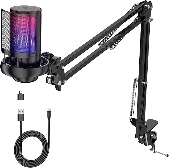 USB Microphone for PC, Podcast Microphone Kit for Streaming, Condenser Microphone with Quick Mute, Boom Arm, Pop Filter, RGB Indicator, Shock Mount, Rotating Gain Button, Support PS4/5/PC