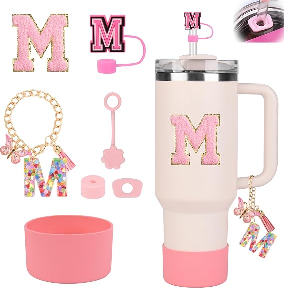 Stanley Cup Accessories Set for Stanley Cup 30oz 40oz, Stanley Tumbler Accessories Including Silicone Straw Cover Cap and Boot, Spill Proof Stopper, Cute Letter Keychain Handle Charm, Sticker (M)