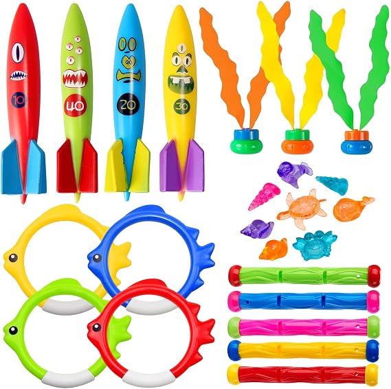 24Pcs Diving Pool Toys,Swimming Pool Toys with Dive Sticks Torpedoes Bandits Diving Rings Diving Seagrass Marine Gem Diving Games Bath Water Toy Underwater Pool Training Toy Swim Toy for Kids Age 4-12