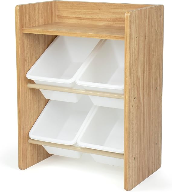 Humble Crew Journey Small Wooden ToyShelf Storage Organiser for Children, with 4 BPA Free Plastic Removeable Storage Bins, Ideal for Storing Toys,