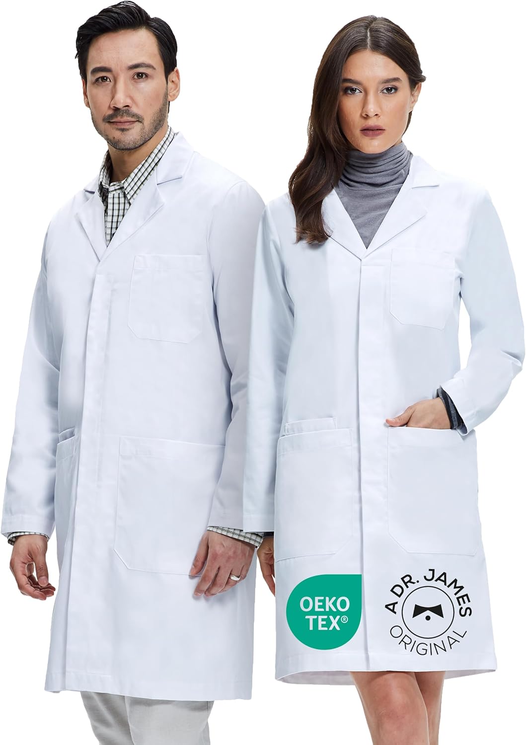 Dr. James 100% Cotton Premium Unisex Lab Coat for Men & Women, Phone & Tablet Pockets, Classic Fit, Snap Closing, 39 Length
