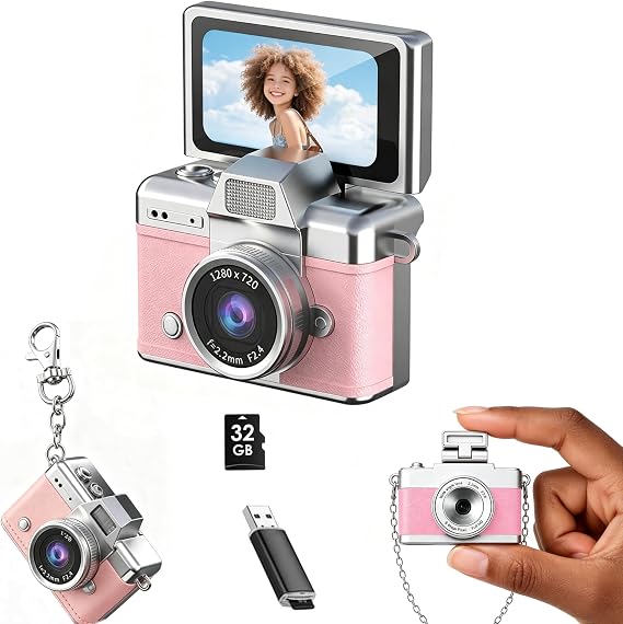 Mini Keychain Camera, 1080P Retro Camera with Flip Screen, 32GB Card