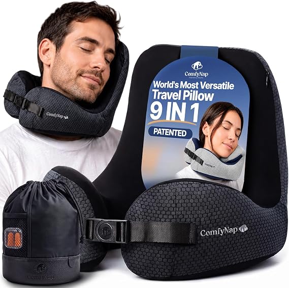 ComfyNap Versatile Travel Neck Pillow for Airplane [Patented], 9 Positions in 3 Techniques, Plane Pillow with Pure Memory Foam, Travel Pillow with HeadRest Flight Sleep, Travel Essential - Mercury
