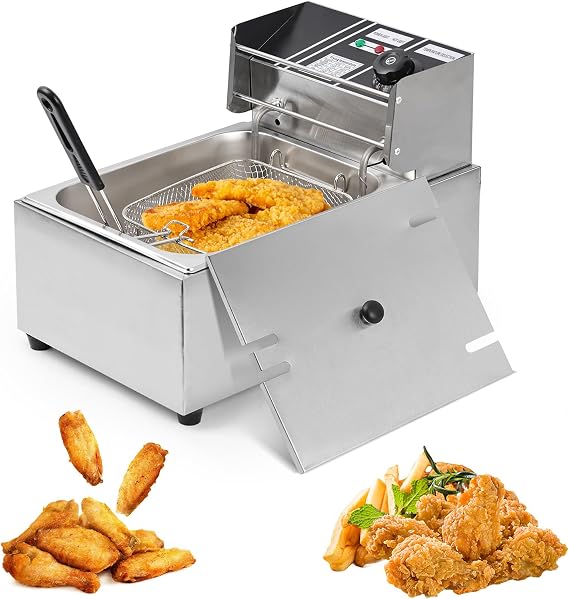 Electric Deep Fryer 6L Large Capacity Deep Fryer with Detachable Basket, Adjustable Temperature Control, 1600W Stainless Steel Commercial Fryer for Restaurant & Home Perfect for Chicken, Fries