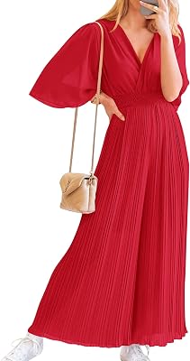 BTFBM Women Chiffon Wrap V Neck Summer Jumpsuit Spring Mesh Half Sleeve Elastic Waist Pleated Wide Leg Long Pants RomperSolid Red, Medium