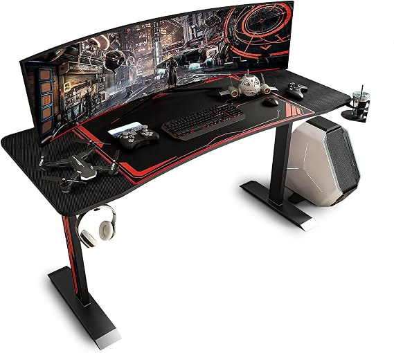Sleepmax 55" Gaming Desk, Heavy Duty Gaming Computer Table with Carbon Fiber Surface & Large Mouse Pad, Black PC Desk Gamer Setup with Cup Holder, Headphone Hook & Adapter Organizer