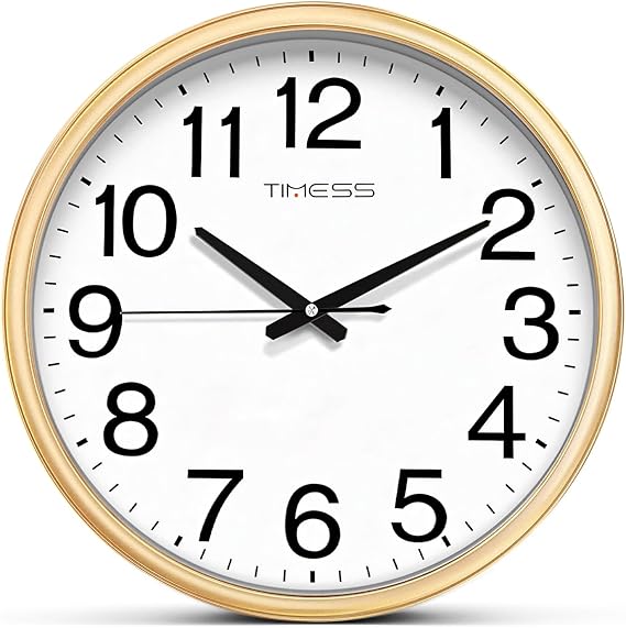 Wall Clock, 13 Inch Large Dial Non-Ticking Silent Battery Operated Quality Analog, Ultra-Quiet Movement Quartz, Timeless Stylish Clock, Ideal Modern Home, Office Decor (Gold)