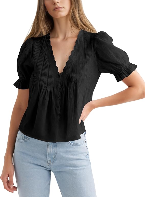 Womens Puff Short Sleeves Blouse V-Neck See Through Button Front Tops Ruched Scalloped Trim Summer Trendy Shirt