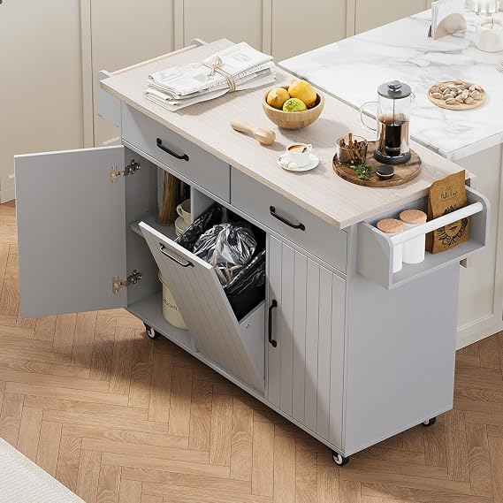 51" Width Rolling Kitchen Island with Trash Can Storage, Kitchen Island Cart with Drop Leaf Countertop, Island Table on Wheels with Two Drawers (Grey)